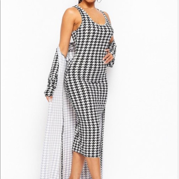 NEW FALL TRENDY HOUNDSTOOTH TWO PIECE TANK TOP MIDI DRESS LONG CARDIGAN SET - Picture 3 of 9